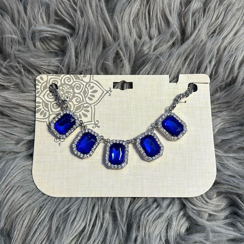 Statement Necklace Silvertone with Blue Cubic Zirconia Stones Fashion Jewelry